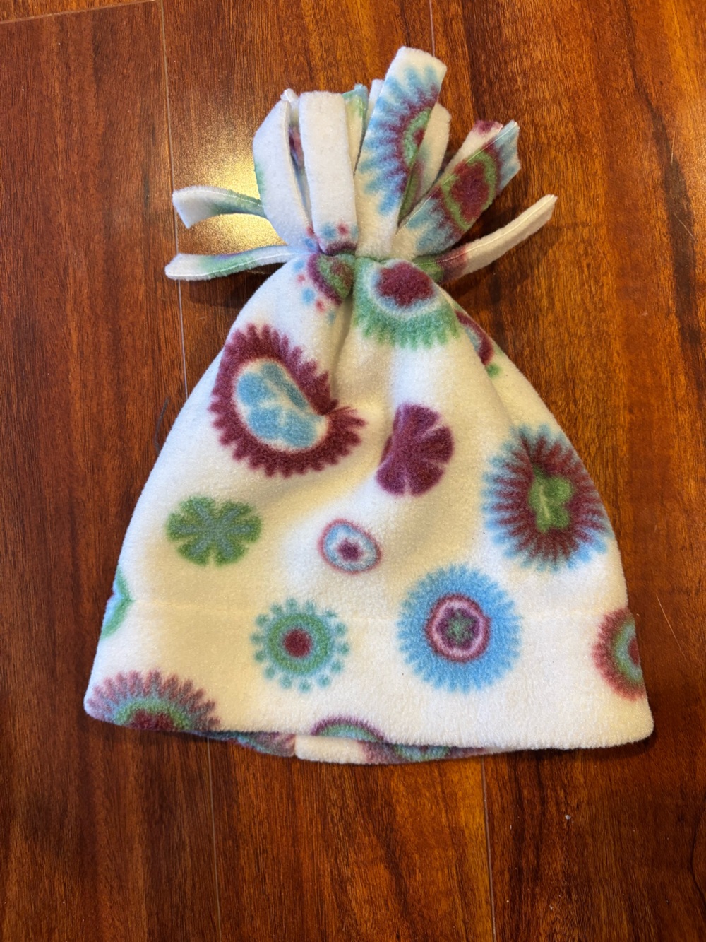 Kids Soft Fleece Beanie Hat in White with Multicolor Floral Spots